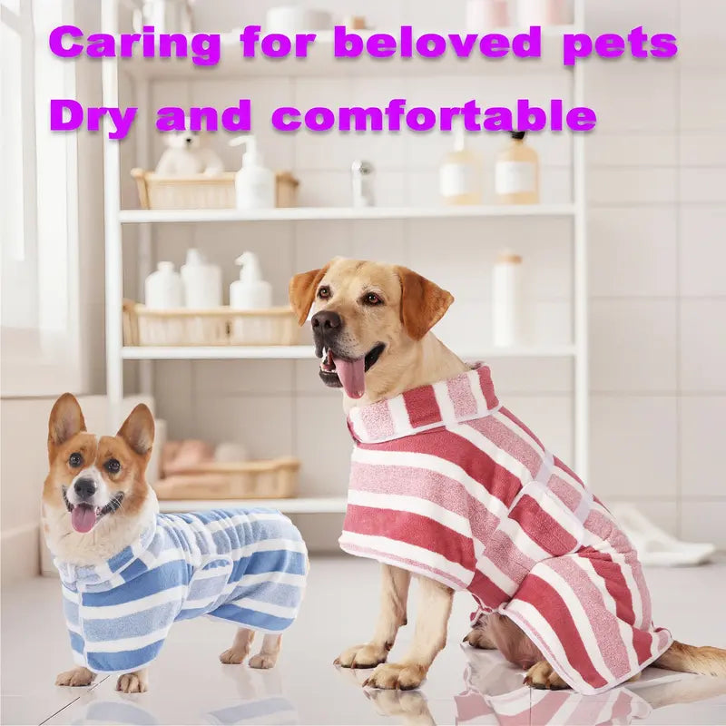 Quick-Drying Dog Bathrobe, 1-Piece Striped Pet Dressing Gown with Adjustable Belly Band, Super-Absorbent Super-Soft Fabric