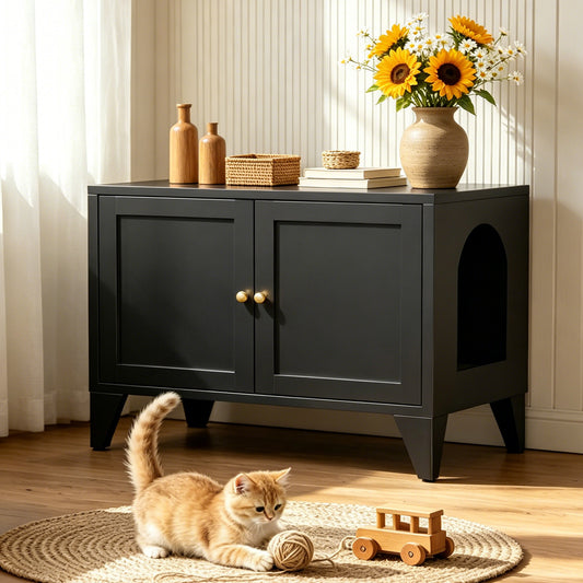 Metal Cat Litter Box Enclosure, Modern Hidden Litter Box Furniture Indoor Pet House, Freestanding Cat Washroom Cabinet Fits Most Standard Litter Boxes, Black Decorative Pet Side Table for Home