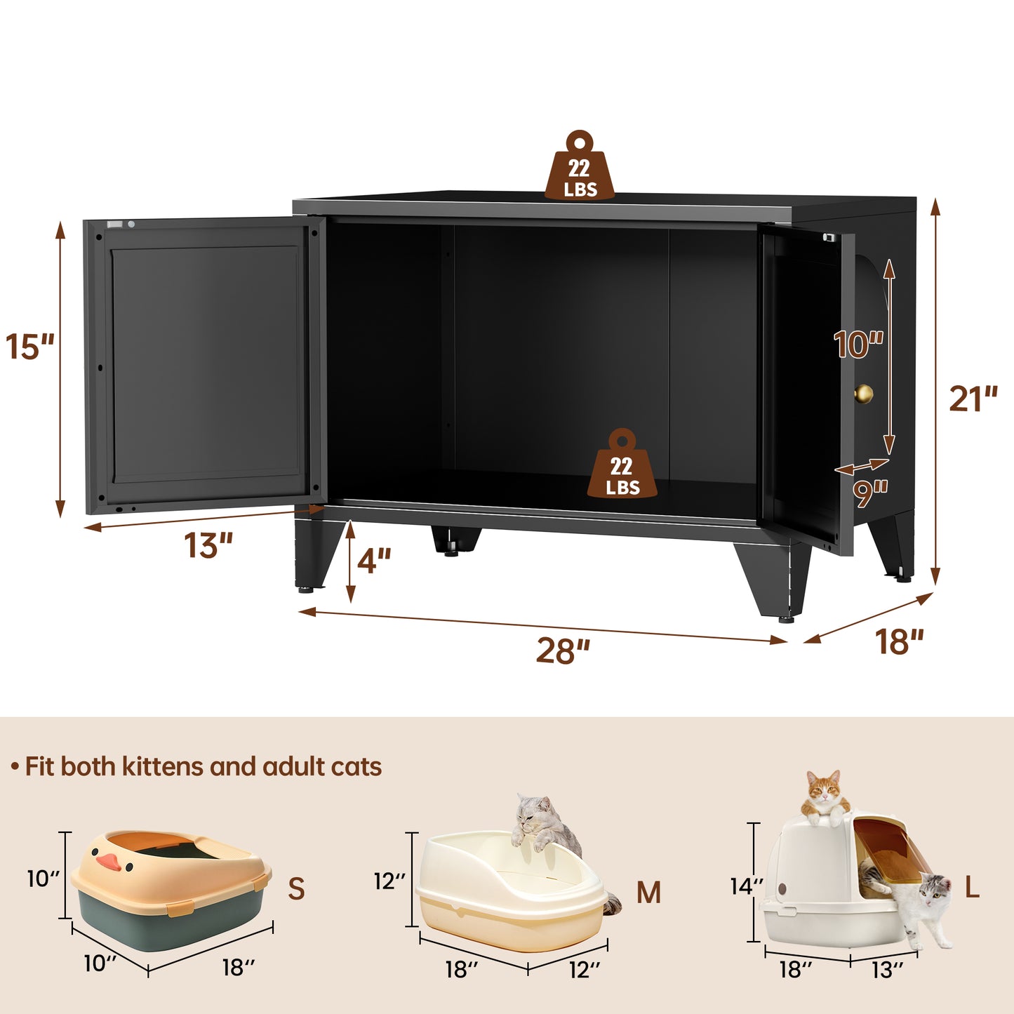 Metal Cat Litter Box Enclosure, Modern Hidden Litter Box Furniture Indoor Pet House, Freestanding Cat Washroom Cabinet Fits Most Standard Litter Boxes, Black Decorative Pet Side Table for Home