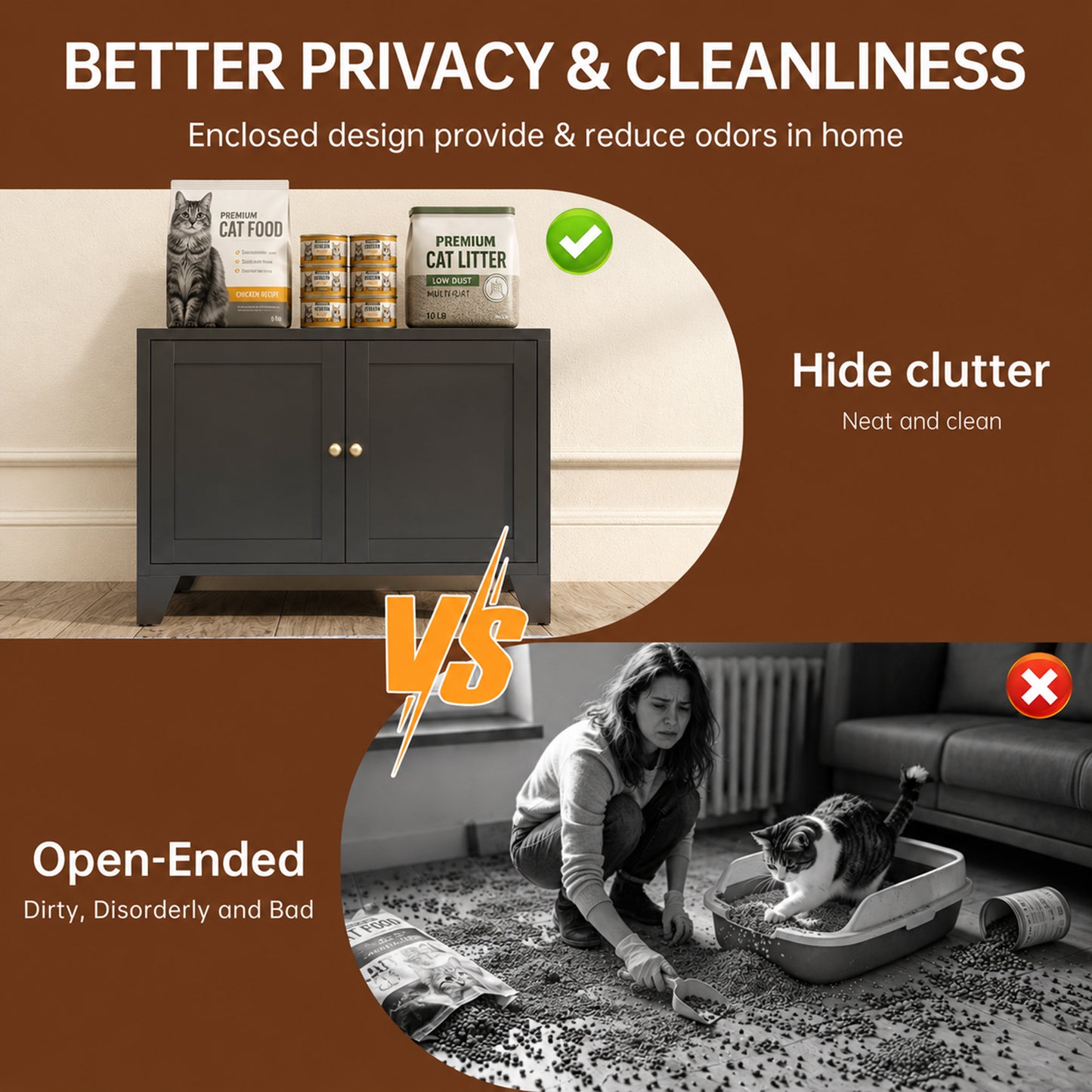 Metal Cat Litter Box Enclosure, Modern Hidden Litter Box Furniture Indoor Pet House, Freestanding Cat Washroom Cabinet Fits Most Standard Litter Boxes, Black Decorative Pet Side Table for Home