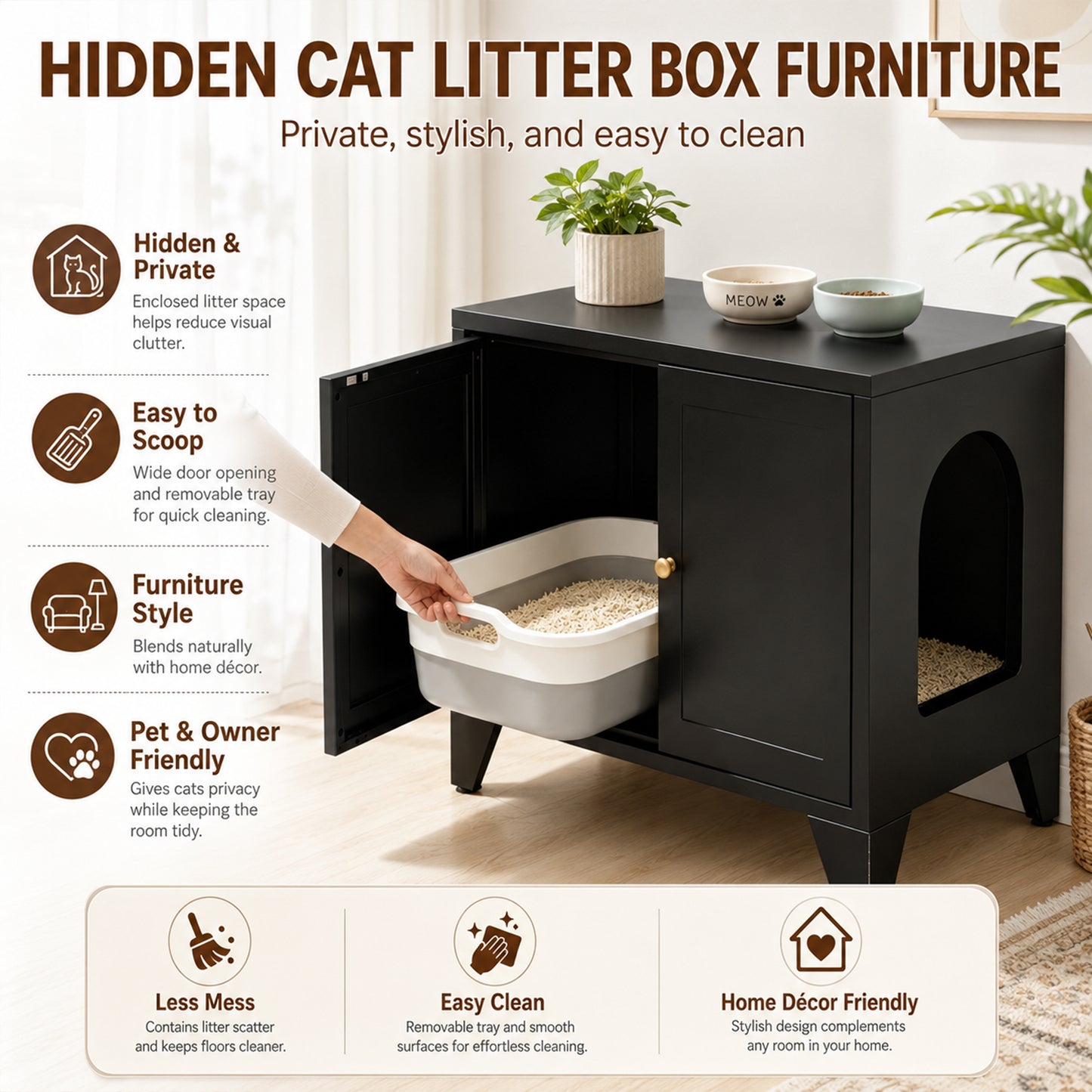 Metal Cat Litter Box Enclosure, Modern Hidden Litter Box Furniture Indoor Pet House, Freestanding Cat Washroom Cabinet Fits Most Standard Litter Boxes, Black Decorative Pet Side Table for Home