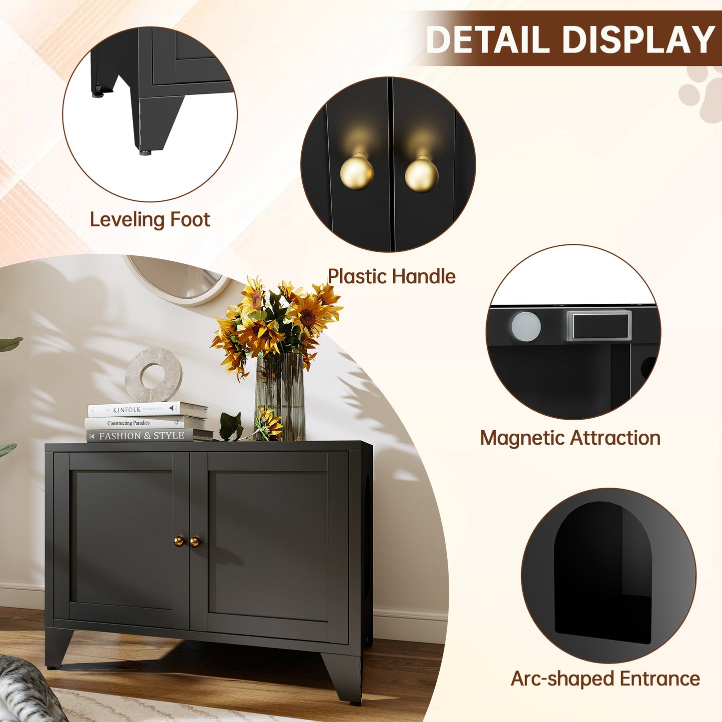 Metal Cat Litter Box Enclosure, Modern Hidden Litter Box Furniture Indoor Pet House, Freestanding Cat Washroom Cabinet Fits Most Standard Litter Boxes, Black Decorative Pet Side Table for Home