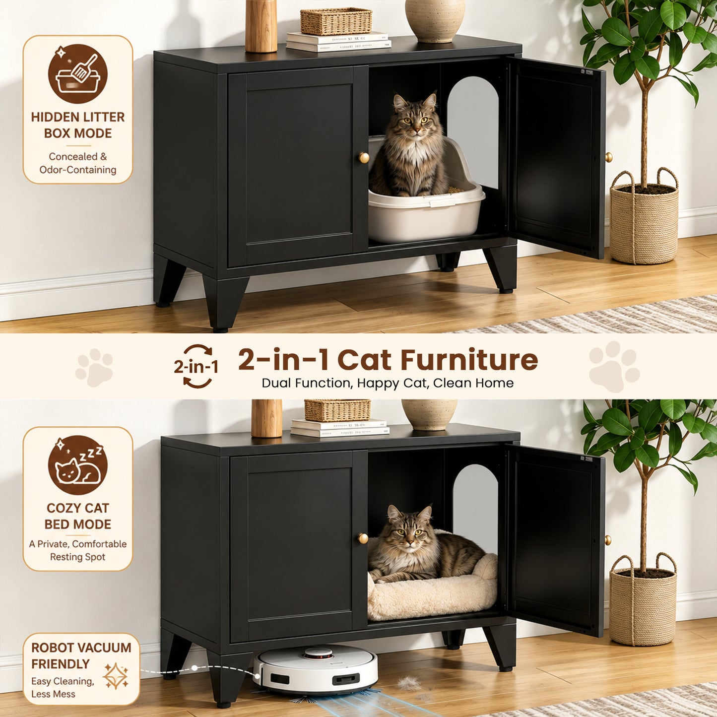Metal Cat Litter Box Enclosure, Modern Hidden Litter Box Furniture Indoor Pet House, Freestanding Cat Washroom Cabinet Fits Most Standard Litter Boxes, Black Decorative Pet Side Table for Home