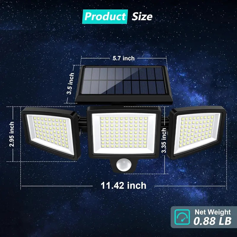 Solar Outdoor Lights 2500LM 210LED Security Lights,3 Heads Dimmable SpotLights with 3 Modes,IP65 Waterproof,Suitable for Yard, Garage, Porch,Patio, Garden,Farm,Chicken Coop, Barn,Horse Stable,Pool,#Deals for You Days