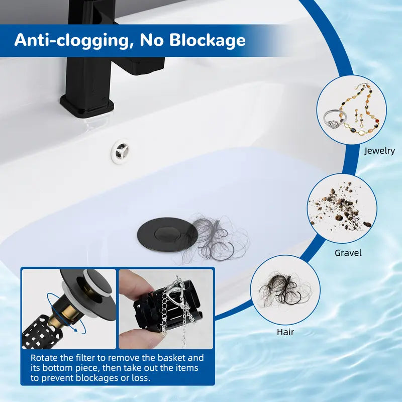 Hibbent Upgraded 3-in-1 Bathroom Accessories Set, Drain Bathroom Fixture Accessories with Universal Pop-Up Stopper, Removable Basket, Brass Bullet Core Plug, 4 O-Rings, Hair Capture, Prevents Blockages for 1.1"-2.36" Basins, Matte Black
