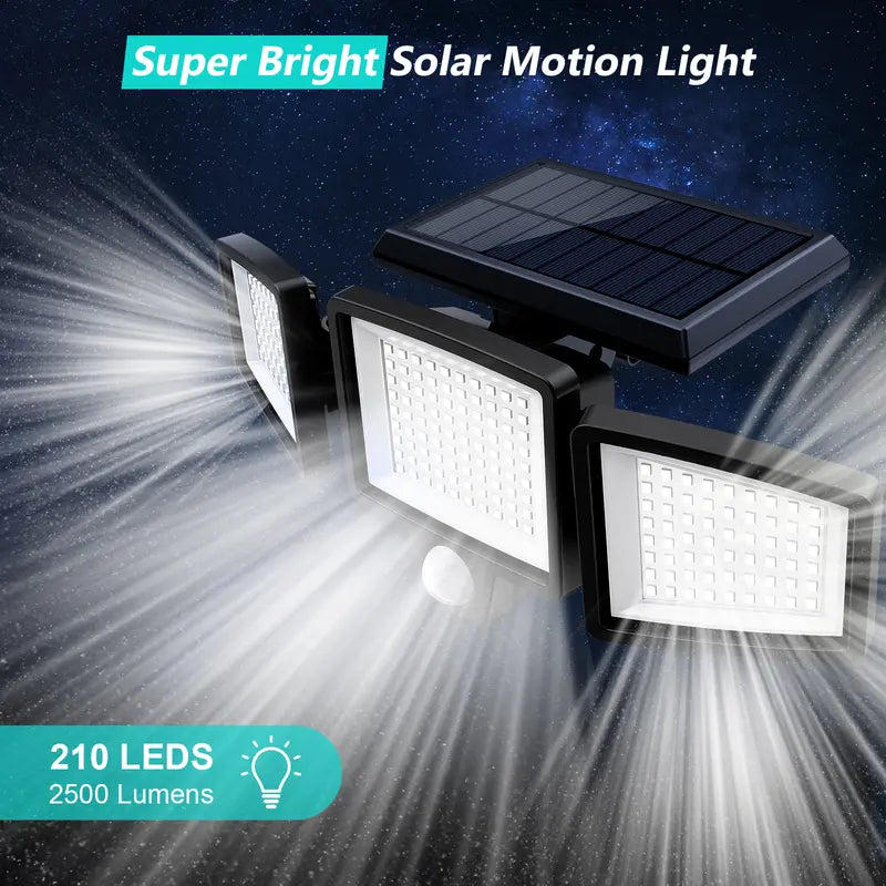 Solar Outdoor Lights 2500LM 210LED Security Lights,3 Heads Dimmable SpotLights with 3 Modes,IP65 Waterproof,Suitable for Yard, Garage, Porch,Patio, Garden,Farm,Chicken Coop, Barn,Horse Stable,Pool,#Deals for You Days