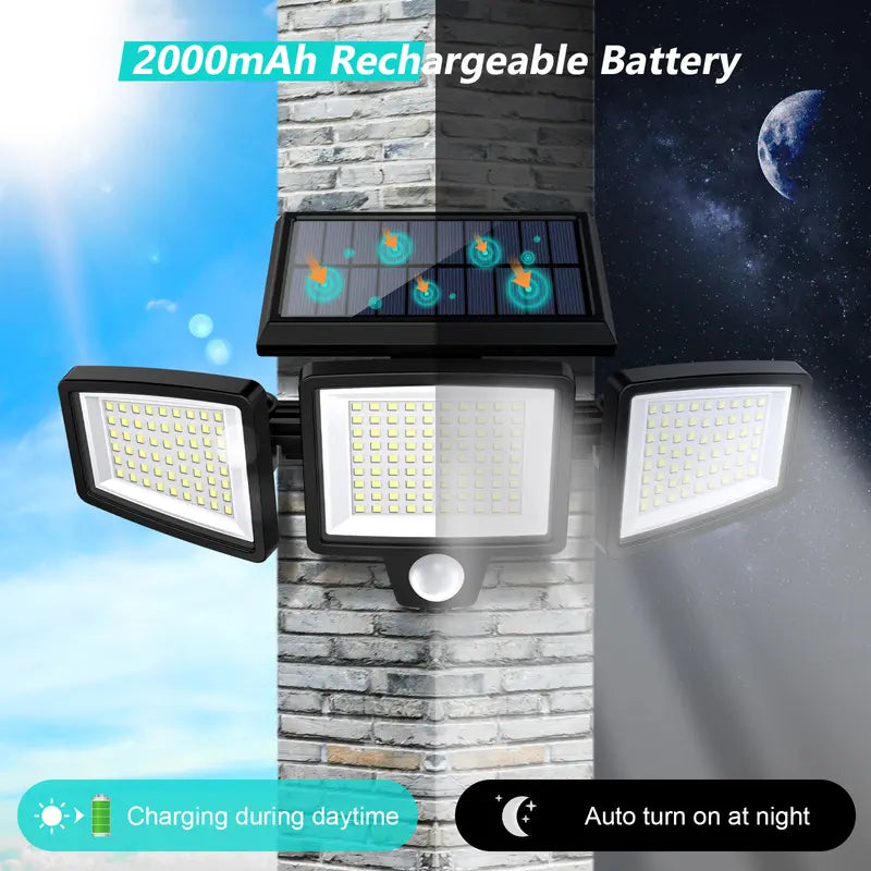 Solar Outdoor Lights 2500LM 210LED Security Lights,3 Heads Dimmable SpotLights with 3 Modes,IP65 Waterproof,Suitable for Yard, Garage, Porch,Patio, Garden,Farm,Chicken Coop, Barn,Horse Stable,Pool,#Deals for You Days