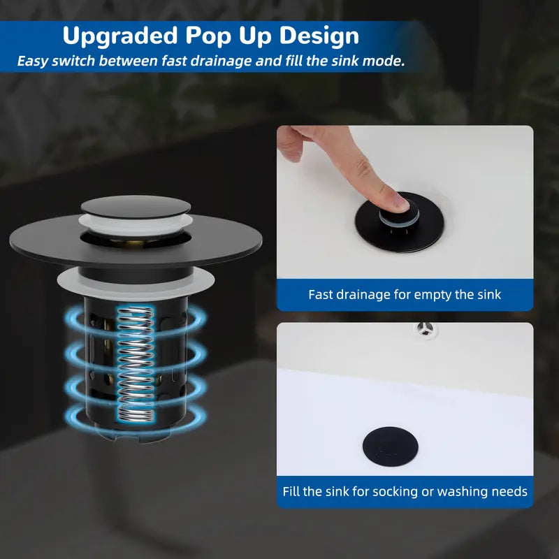 Hibbent Upgraded 3-in-1 Bathroom Accessories Set, Drain Bathroom Fixture Accessories with Universal Pop-Up Stopper, Removable Basket, Brass Bullet Core Plug, 4 O-Rings, Hair Capture, Prevents Blockages for 1.1"-2.36" Basins, Matte Black
