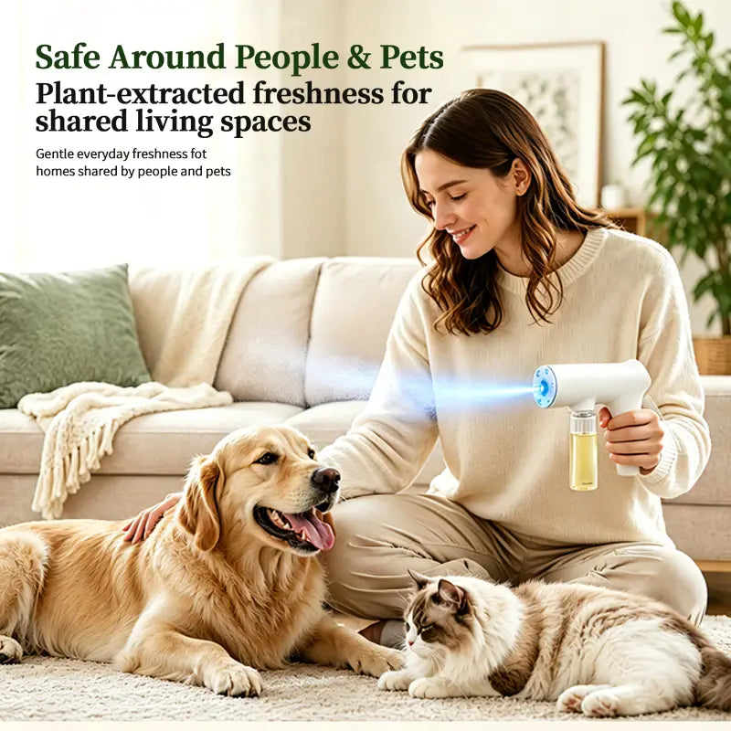 GeniKiss Nano Blue Light Probiotic Deodorizer, indoor odor removal, pet deodorant. Bio-enzymes break down urine, disinfect and deodorize, Plant-extracted, safe and non-toxic for pets, Floral scent Air Freshener Spray