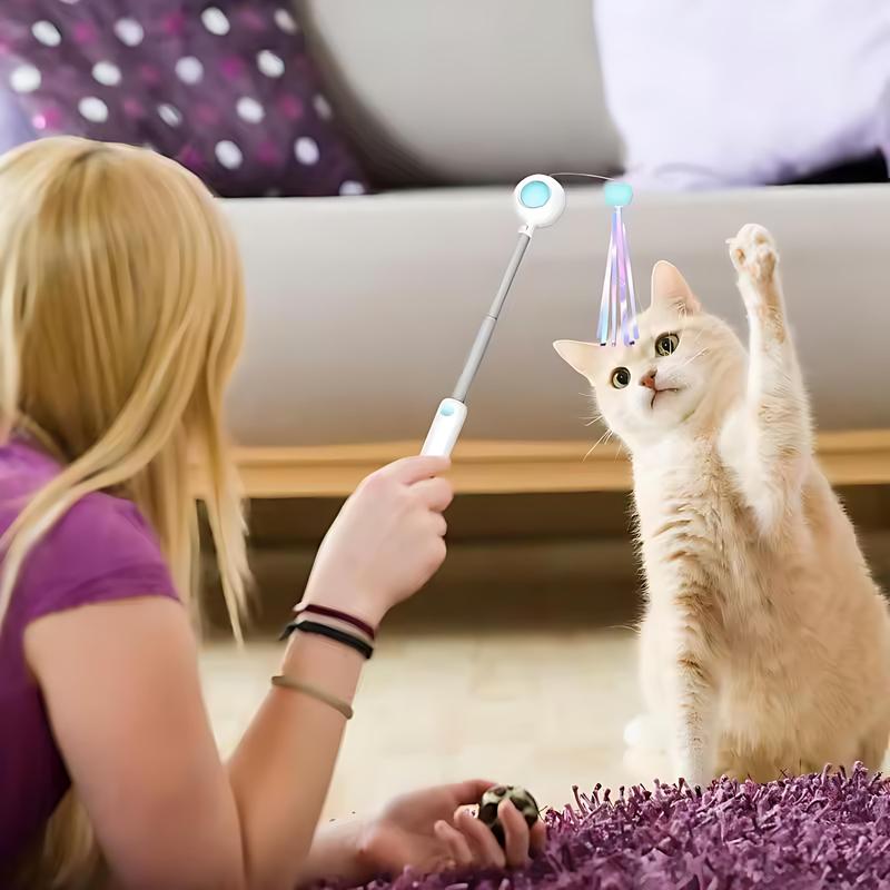 [2025 New] Retractable Cat Wand Toy 🪶😺 – 3-in-1 Feather & Laser Pointer for Indoor Cats & Kittens 🐾