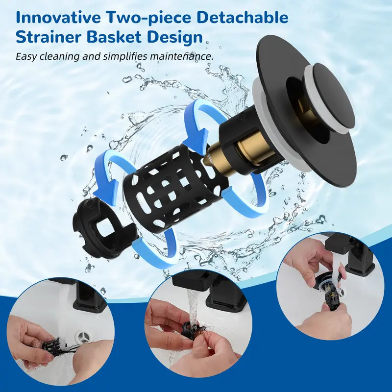 Hibbent Upgraded 3-in-1 Bathroom Accessories Set, Drain Bathroom Fixture Accessories with Universal Pop-Up Stopper, Removable Basket, Brass Bullet Core Plug, 4 O-Rings, Hair Capture, Prevents Blockages for 1.1"-2.36" Basins, Matte Black