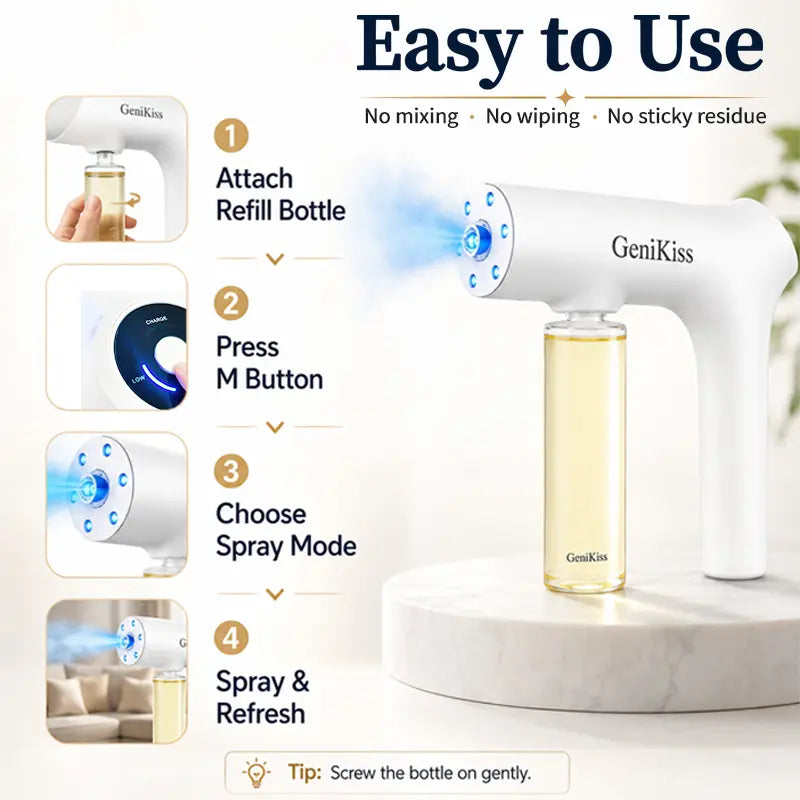 GeniKiss Nano Blue Light Probiotic Deodorizer, indoor odor removal, pet deodorant. Bio-enzymes break down urine, disinfect and deodorize, Plant-extracted, safe and non-toxic for pets, Floral scent Air Freshener Spray