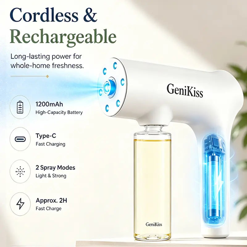 GeniKiss Nano Blue Light Probiotic Deodorizer, indoor odor removal, pet deodorant. Bio-enzymes break down urine, disinfect and deodorize, Plant-extracted, safe and non-toxic for pets, Floral scent Air Freshener Spray
