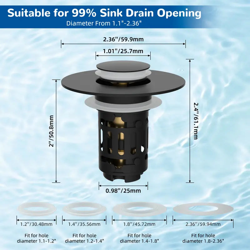 Hibbent Upgraded 3-in-1 Bathroom Accessories Set, Drain Bathroom Fixture Accessories with Universal Pop-Up Stopper, Removable Basket, Brass Bullet Core Plug, 4 O-Rings, Hair Capture, Prevents Blockages for 1.1"-2.36" Basins, Matte Black