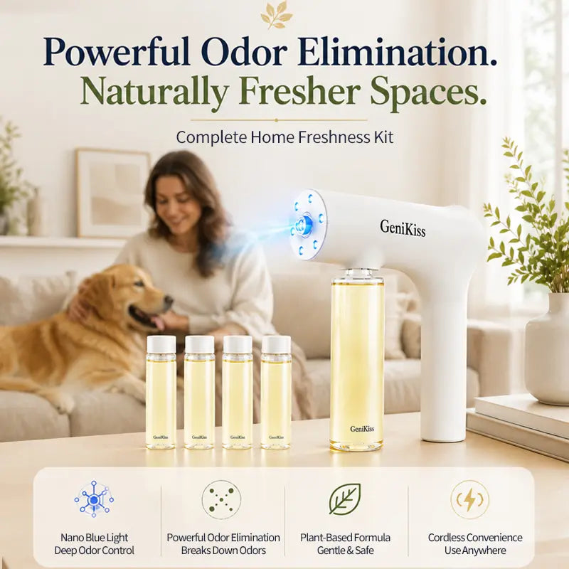 GeniKiss Nano Blue Light Probiotic Deodorizer, indoor odor removal, pet deodorant. Bio-enzymes break down urine, disinfect and deodorize, Plant-extracted, safe and non-toxic for pets, Floral scent Air Freshener Spray