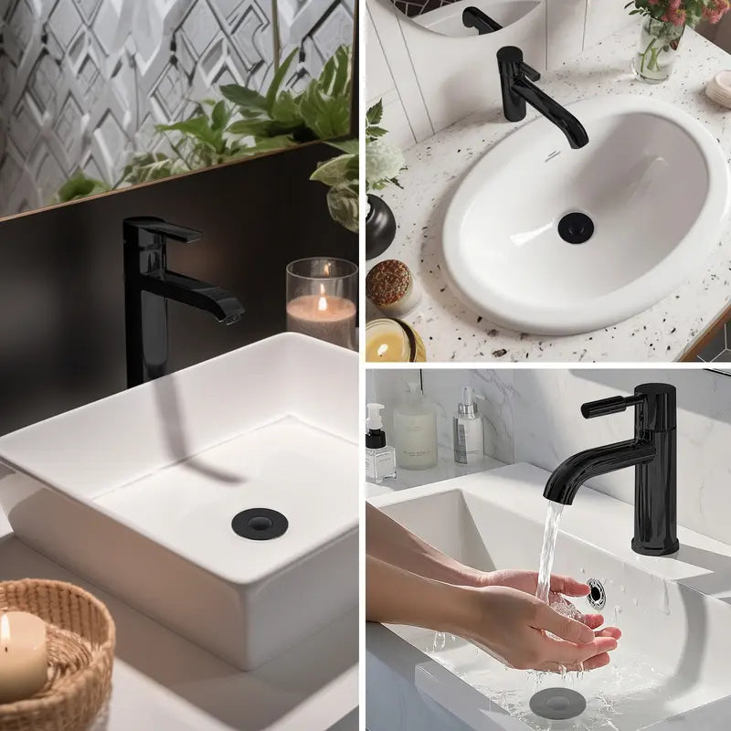 Hibbent Upgraded 3-in-1 Bathroom Accessories Set, Drain Bathroom Fixture Accessories with Universal Pop-Up Stopper, Removable Basket, Brass Bullet Core Plug, 4 O-Rings, Hair Capture, Prevents Blockages for 1.1"-2.36" Basins, Matte Black