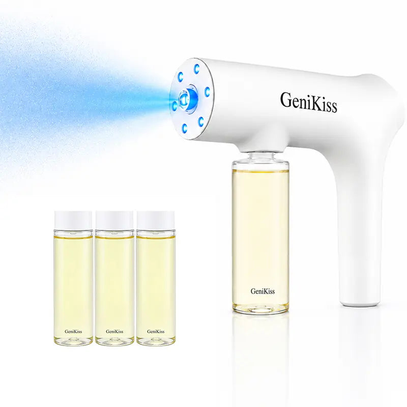 GeniKiss Nano Blue Light Probiotic Deodorizer, indoor odor removal, pet deodorant. Bio-enzymes break down urine, disinfect and deodorize, Plant-extracted, safe and non-toxic for pets, Floral scent Air Freshener Spray