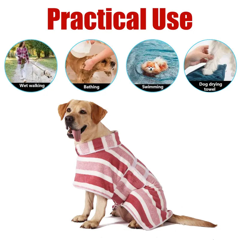 Quick-Drying Dog Bathrobe, 1-Piece Striped Pet Dressing Gown with Adjustable Belly Band, Super-Absorbent Super-Soft Fabric
