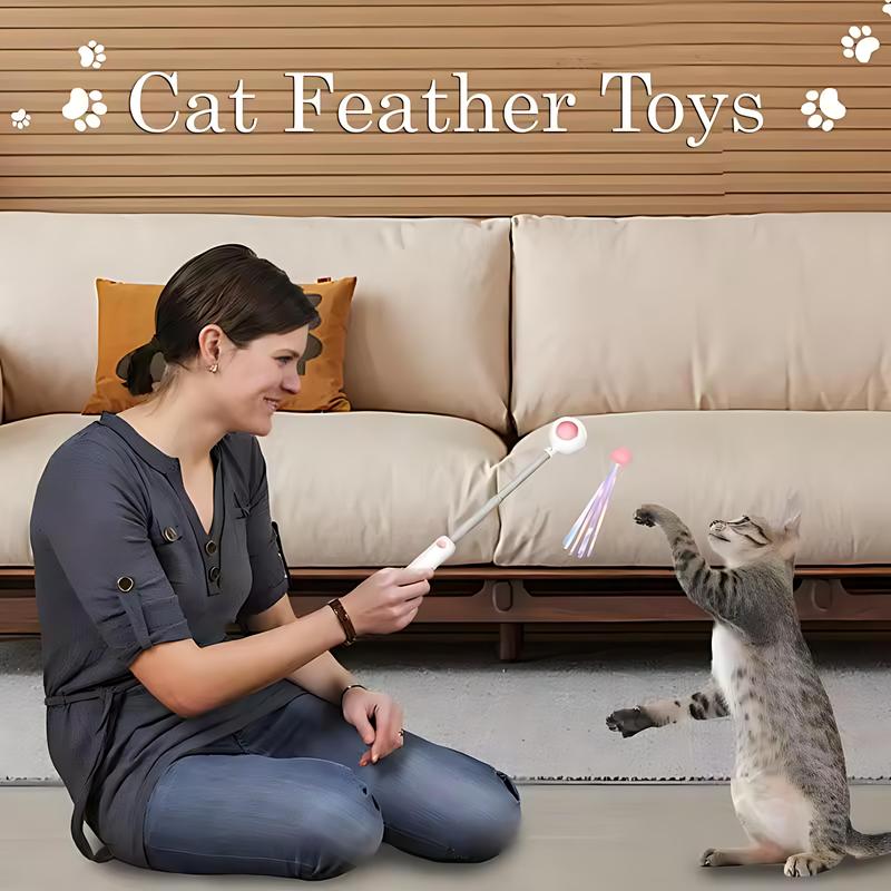 [2025 New] Retractable Cat Wand Toy 🪶😺 – 3-in-1 Feather & Laser Pointer for Indoor Cats & Kittens 🐾