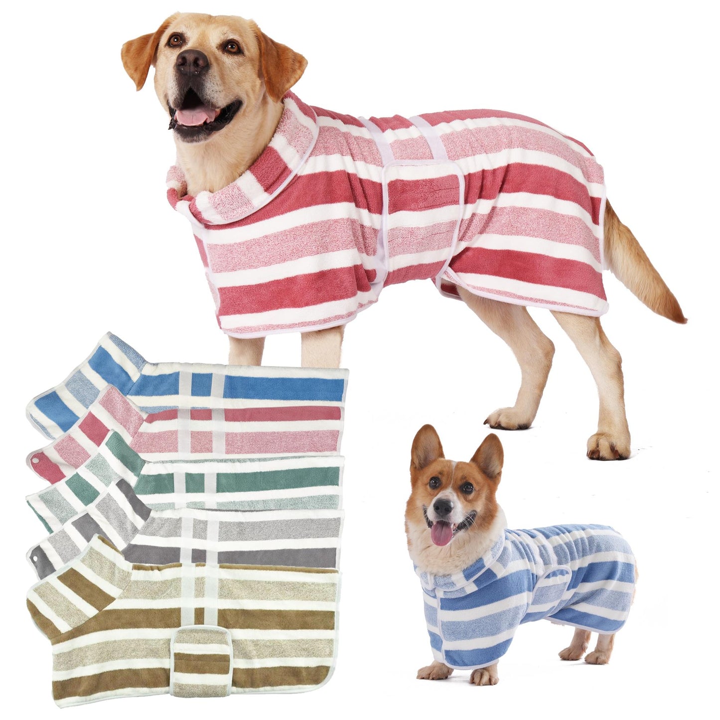 Quick-Drying Dog Bathrobe, 1-Piece Striped Pet Dressing Gown with Adjustable Belly Band, Super-Absorbent Super-Soft Fabric