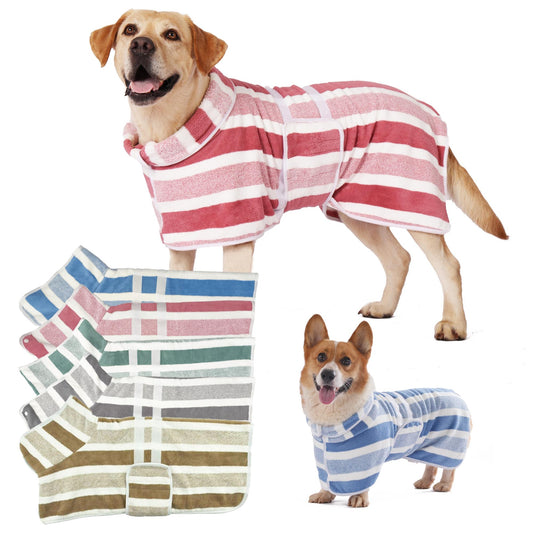 Quick-Drying Dog Bathrobe, 1-Piece Striped Pet Dressing Gown with Adjustable Belly Band, Super-Absorbent Super-Soft Fabric